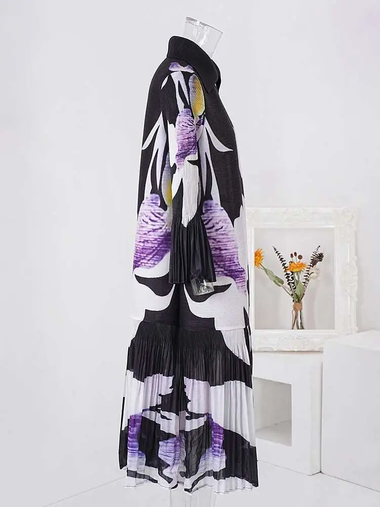 LANMREM 2024 New Pleated Print Dress For Women Fashion Lapel Single Breasted Loose Long Contrast Color Female Dresses 2DA4600