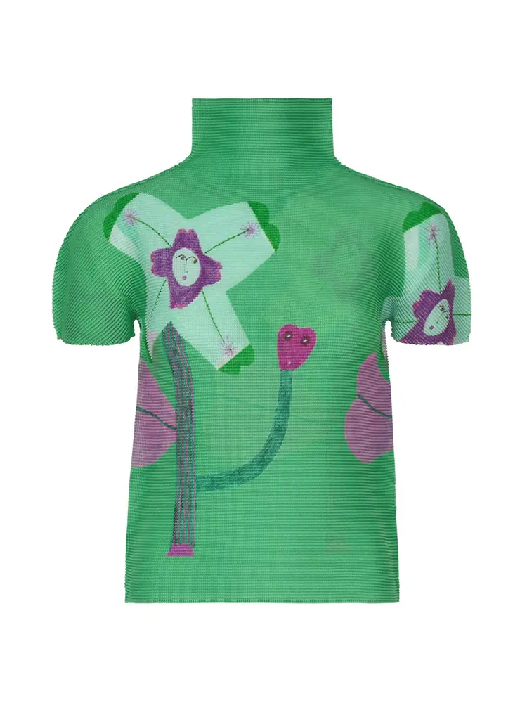 LANMREM Pleated Short Sleeve Women's T-shirt Lightweight Slim Printed Design Stand Collar Niche Pullover Tops 2025 New 2DB3003