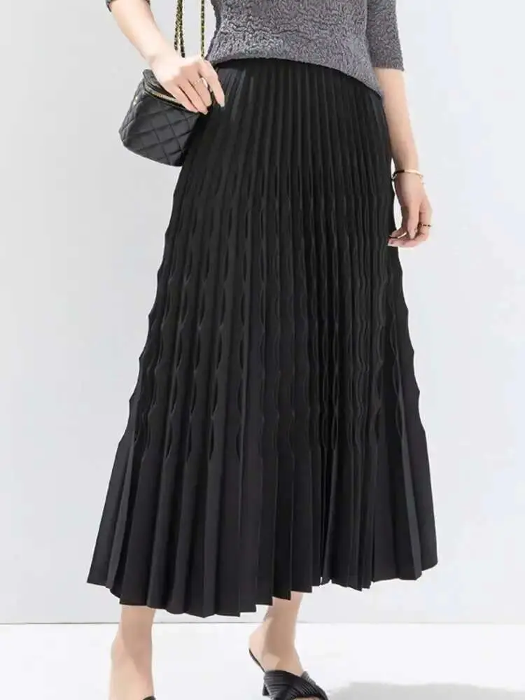 LANMREM Spring New Pleated A-line Women's Skirt Fashion Elastic High Waist Mid Length Skirts Casual 2024 Spring New 2DA4165