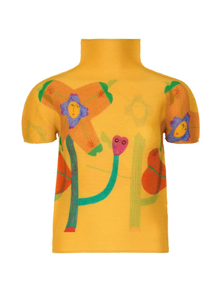 LANMREM Pleated Short Sleeve Women's T-shirt Lightweight Slim Printed Design Stand Collar Niche Pullover Tops 2025 New 2DB3003
