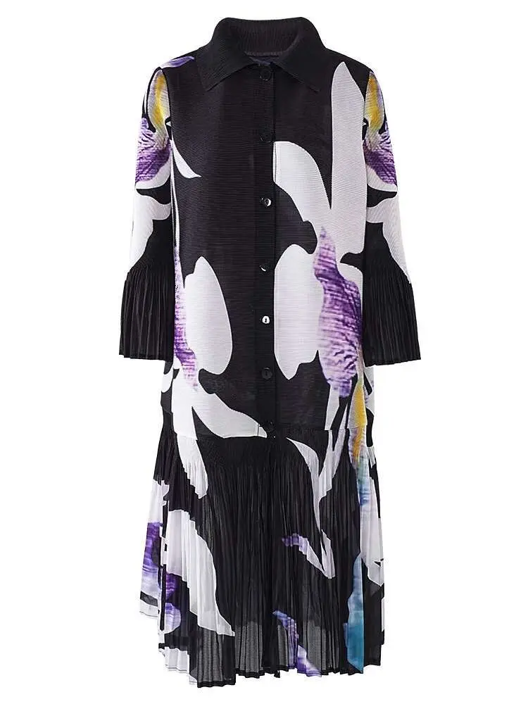 LANMREM 2024 New Pleated Print Dress For Women Fashion Lapel Single Breasted Loose Long Contrast Color Female Dresses 2DA4600
