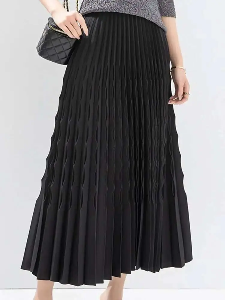 LANMREM Spring New Pleated A-line Women's Skirt Fashion Elastic High Waist Mid Length Skirts Casual 2024 Spring New 2DA4165