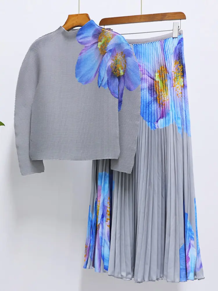 LANMREM Fashion Pleated Print Two-piece Set Women's Turtleneck Long Sleeves Tops With Elastic Waist Skirt 2025 Spring New 2Z2385