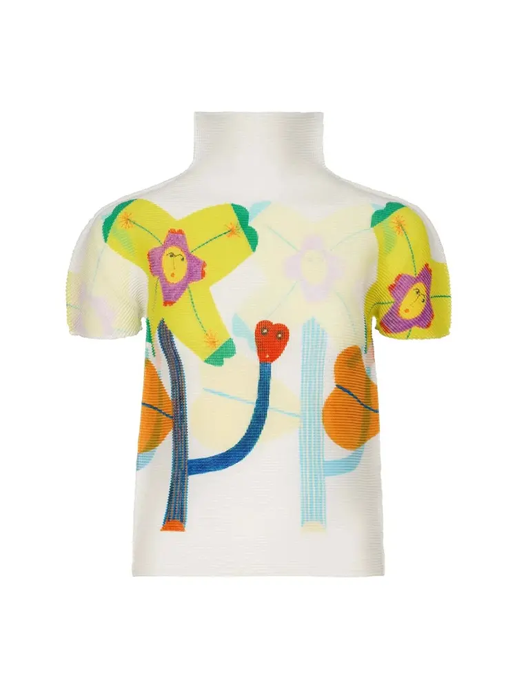 LANMREM Pleated Short Sleeve Women's T-shirt Lightweight Slim Printed Design Stand Collar Niche Pullover Tops 2025 New 2DB3003