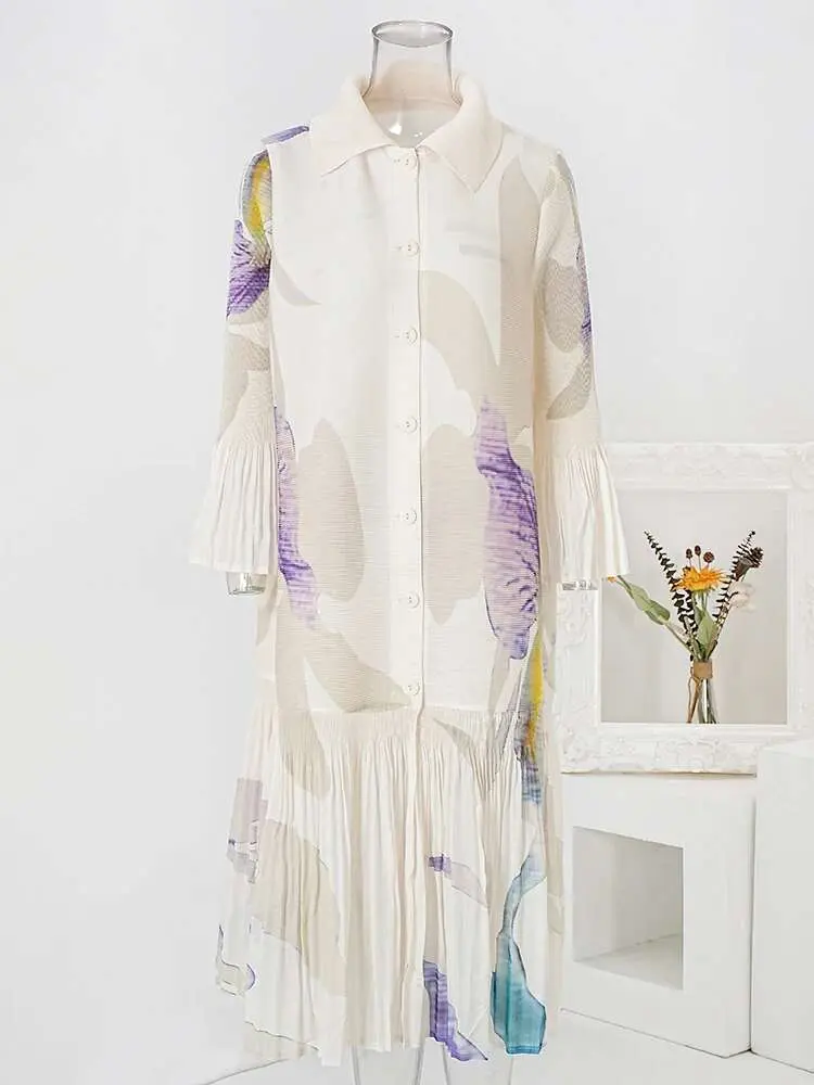 LANMREM 2024 New Pleated Print Dress For Women Fashion Lapel Single Breasted Loose Long Contrast Color Female Dresses 2DA4600