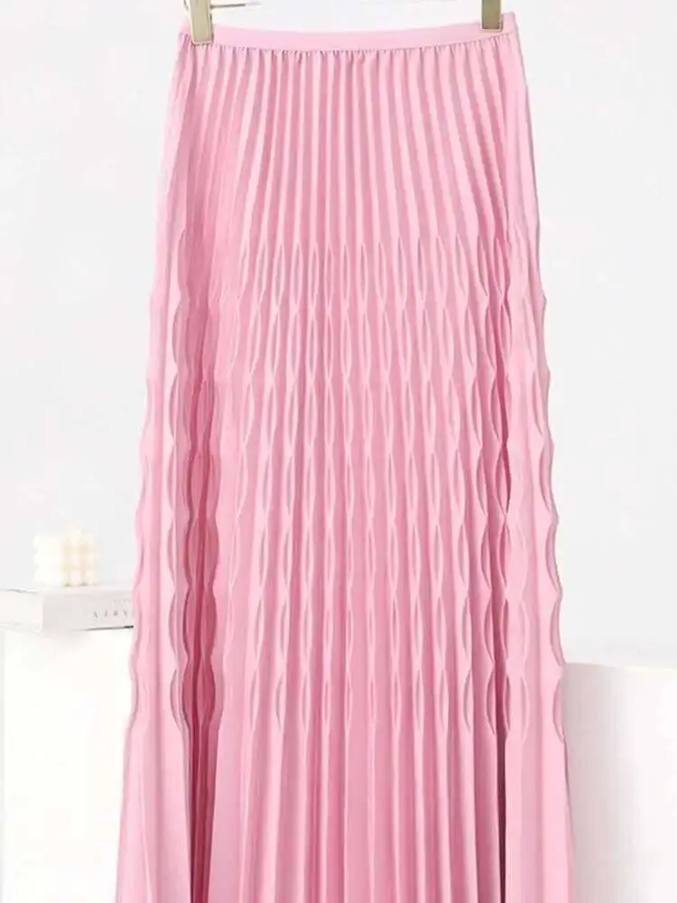 LANMREM Spring New Pleated A-line Women's Skirt Fashion Elastic High Waist Mid Length Skirts Casual 2024 Spring New 2DA4165