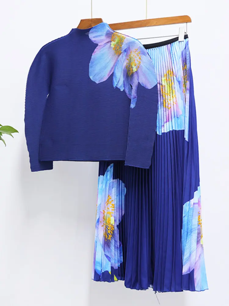 LANMREM Fashion Pleated Print Two-piece Set Women's Turtleneck Long Sleeves Tops With Elastic Waist Skirt 2025 Spring New 2Z2385