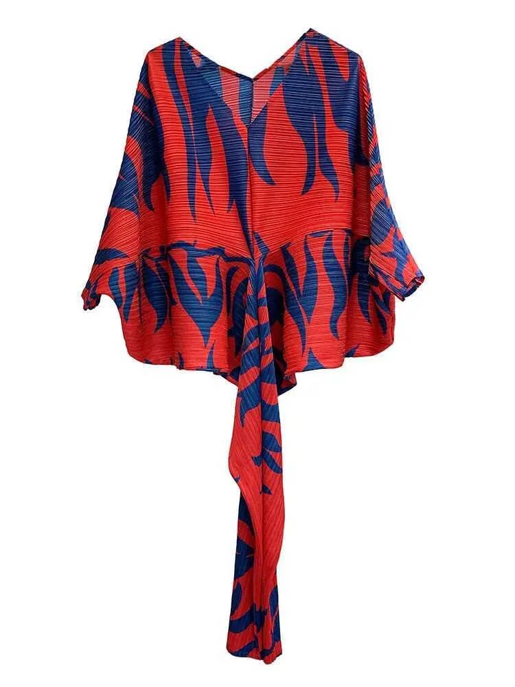 LANMREM Printed Elegant Pleated Dress V Neck Batwing Sleeve Mid Length Dresses For Women 2025 New Spring Clothing 2Q1195