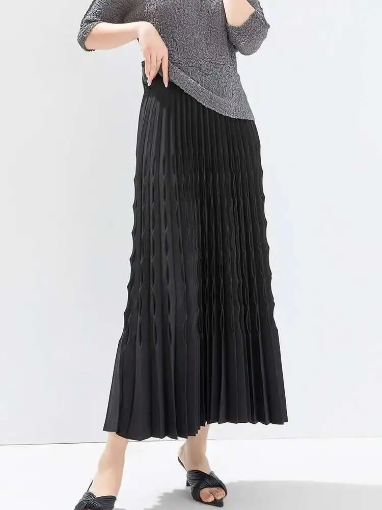 LANMREM Spring New Pleated A-line Women's Skirt Fashion Elastic High Waist Mid Length Skirts Casual 2024 Spring New 2DA4165