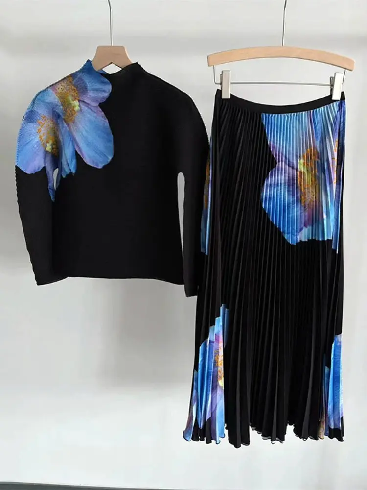 LANMREM Fashion Pleated Print Two-piece Set Women's Turtleneck Long Sleeves Tops With Elastic Waist Skirt 2025 Spring New 2Z2385