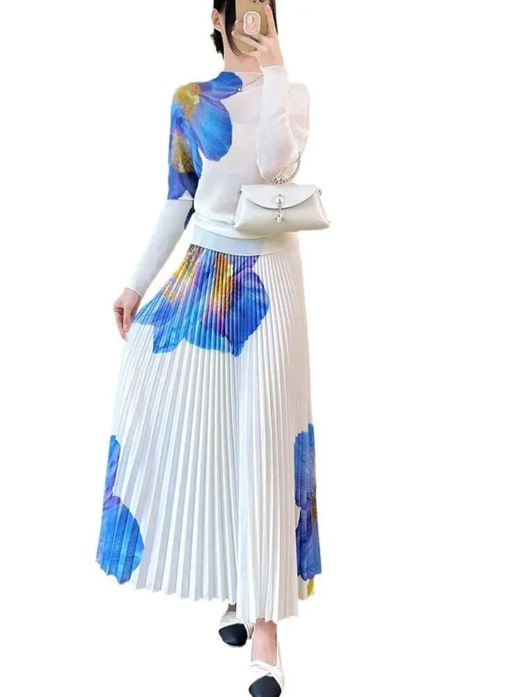 LANMREM Fashion Pleated Print Two-piece Set Women's Turtleneck Long Sleeves Tops With Elastic Waist Skirt 2025 Spring New 2Z2385