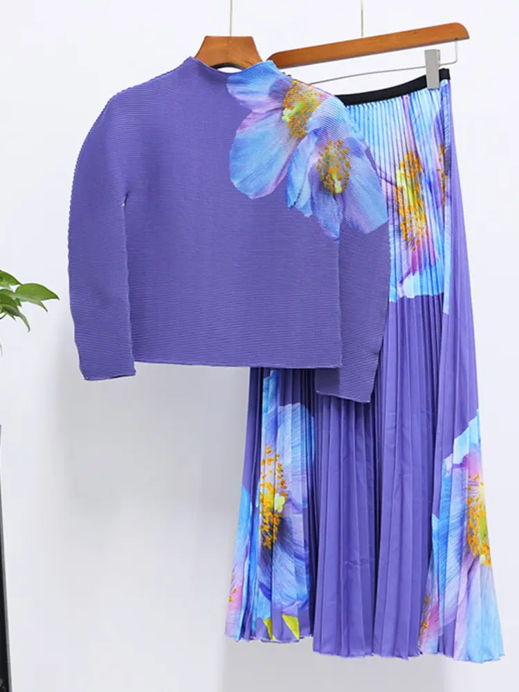 LANMREM Fashion Pleated Print Two-piece Set Women's Turtleneck Long Sleeves Tops With Elastic Waist Skirt 2025 Spring New 2Z2385