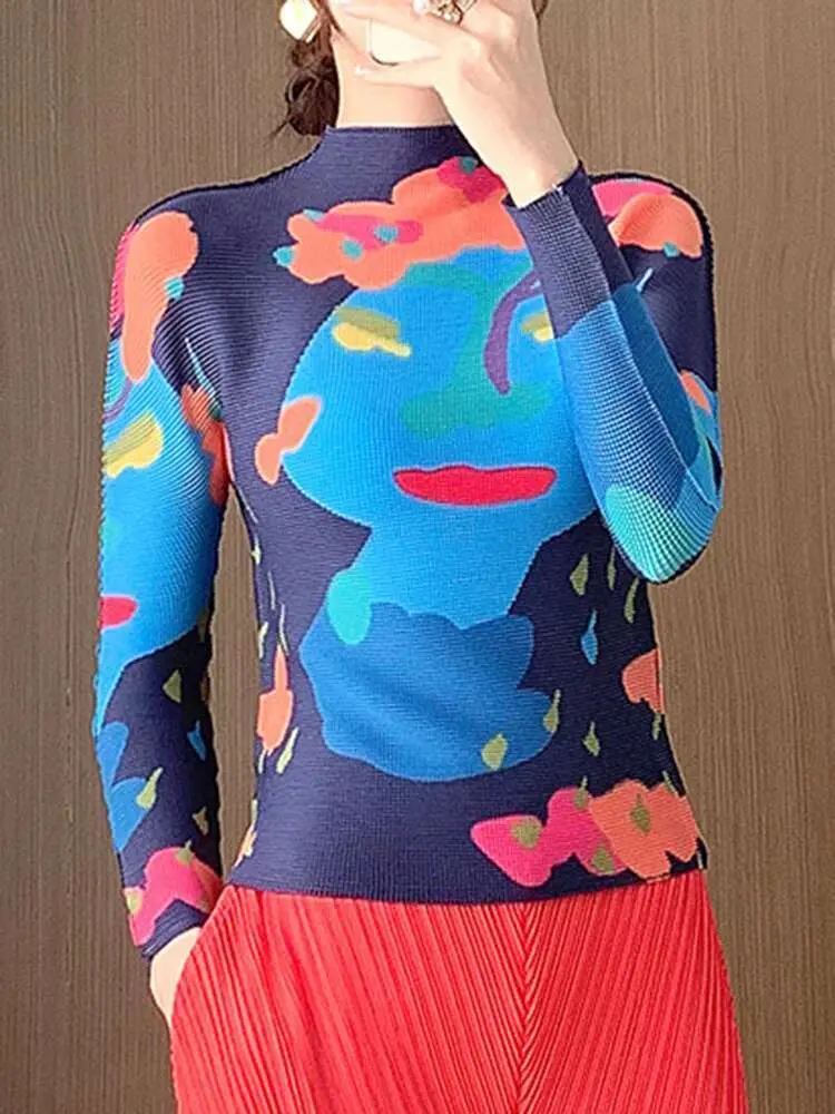 LANMREM Streetwear Contrast Color Print Pleated T-shirt Women Long Sleeves Slim Tops Fashion 2024 Spring New Clothing 2AA4588