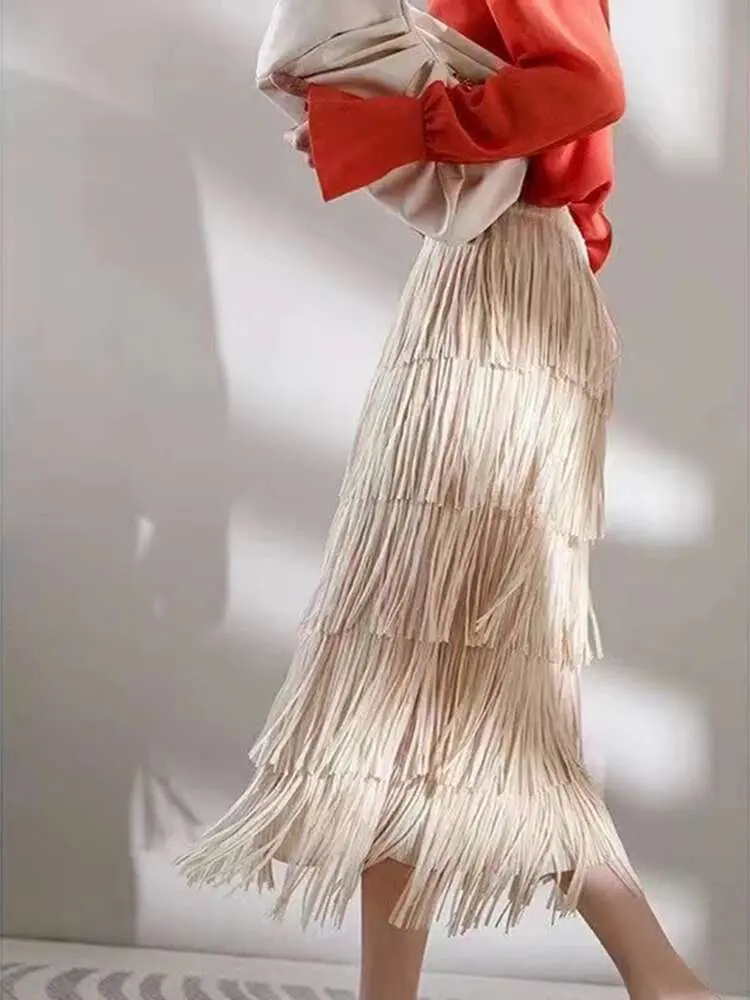 LANMREM Pleated Tassel Long Skirts For Women High Waist Solid Color Stitching Elegant Party Clothing 2025 Summer Autumn 2DA1644