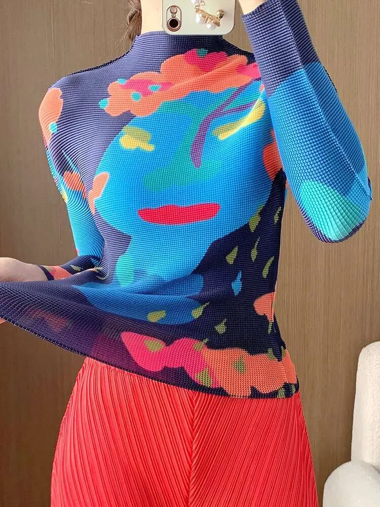 LANMREM Streetwear Contrast Color Print Pleated T-shirt Women Long Sleeves Slim Tops Fashion 2024 Spring New Clothing 2AA4588