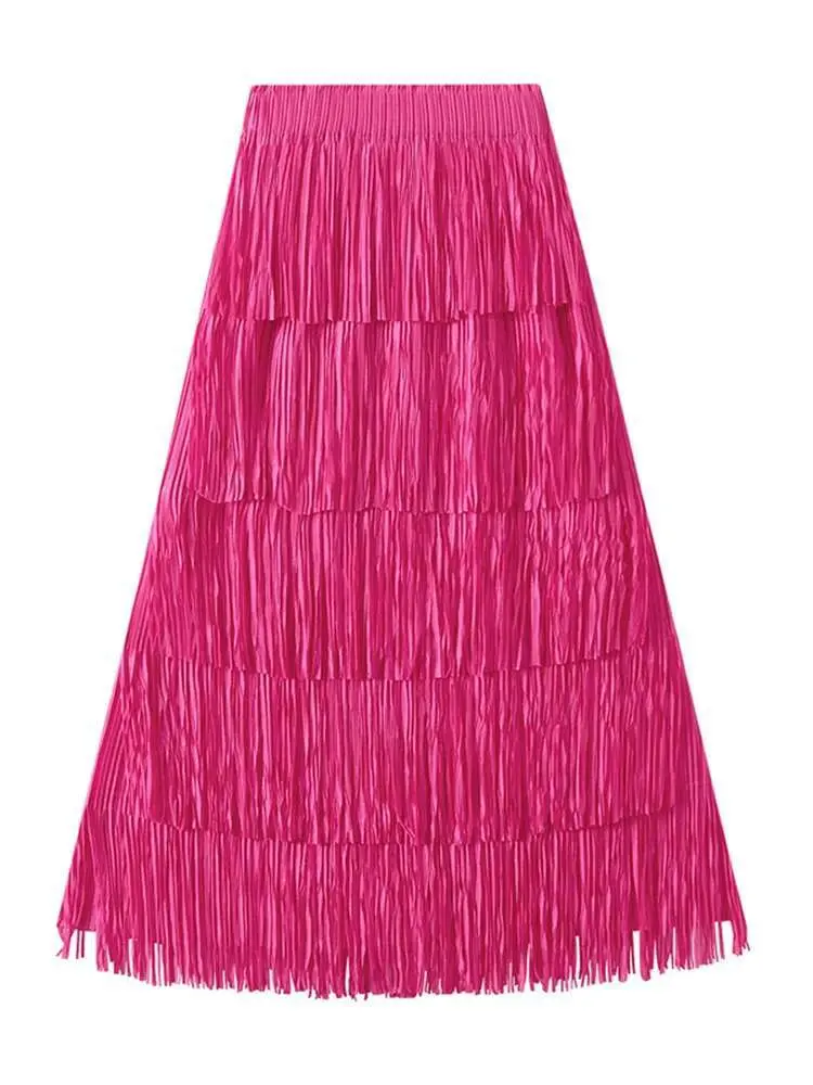 LANMREM Pleated Tassel Long Skirts For Women High Waist Solid Color Stitching Elegant Party Clothing 2025 Summer Autumn 2DA1644