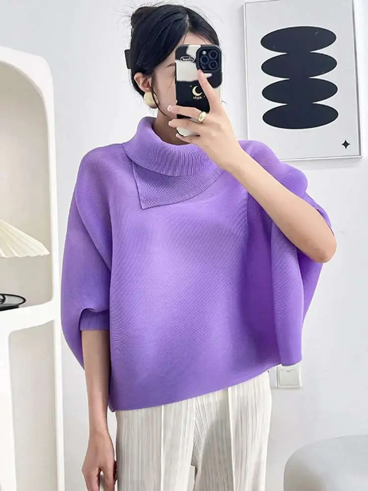 LANMREM Batwing Sleeves Pleated T-shirt For Women Lapel Solid Color Loose Big Size Female Casual Top 2025 Summer New 2DA6800