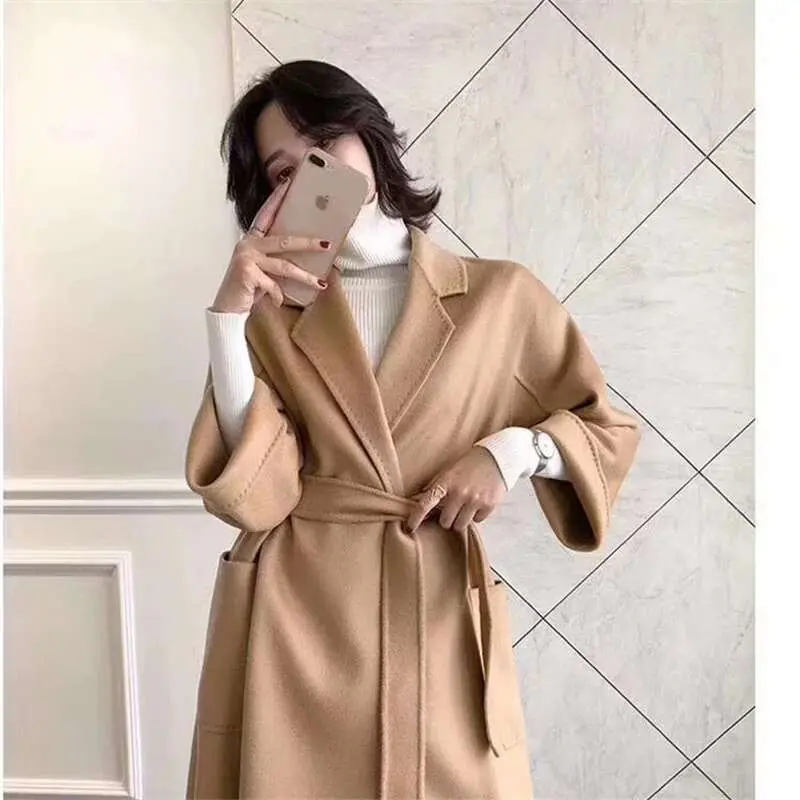 LANMREM 2025 Spring Winter New Water Ripple Coat Double-sided Cashmere Coats Female High-end Long Soft Bandage Clothes 2C2406