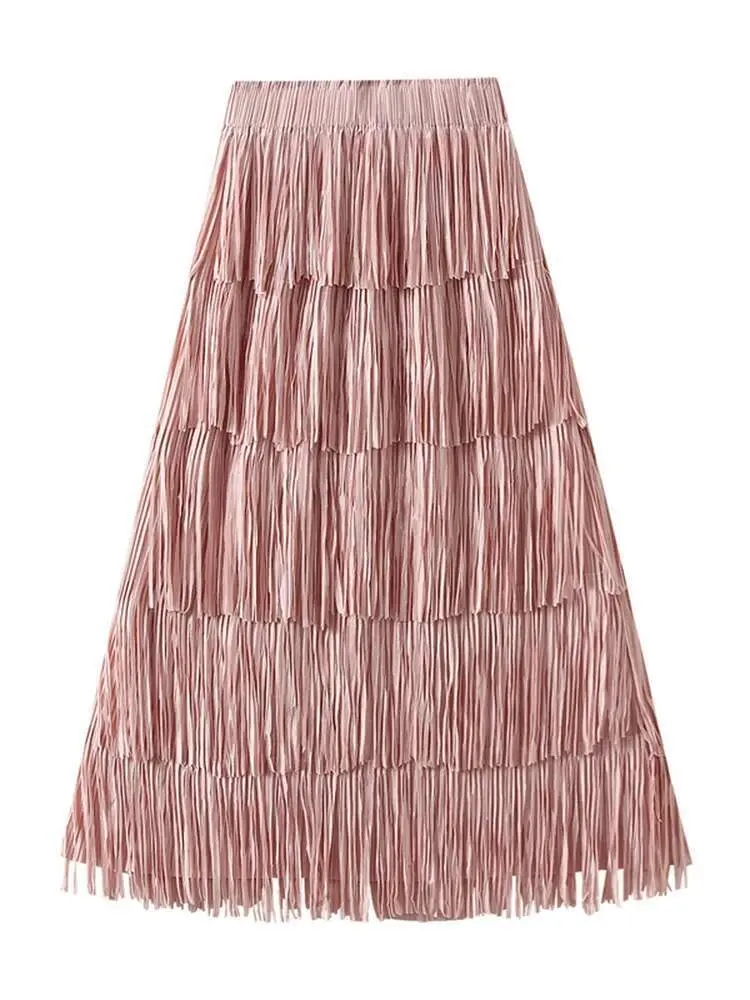 LANMREM Pleated Tassel Long Skirts For Women High Waist Solid Color Stitching Elegant Party Clothing 2025 Summer Autumn 2DA1644