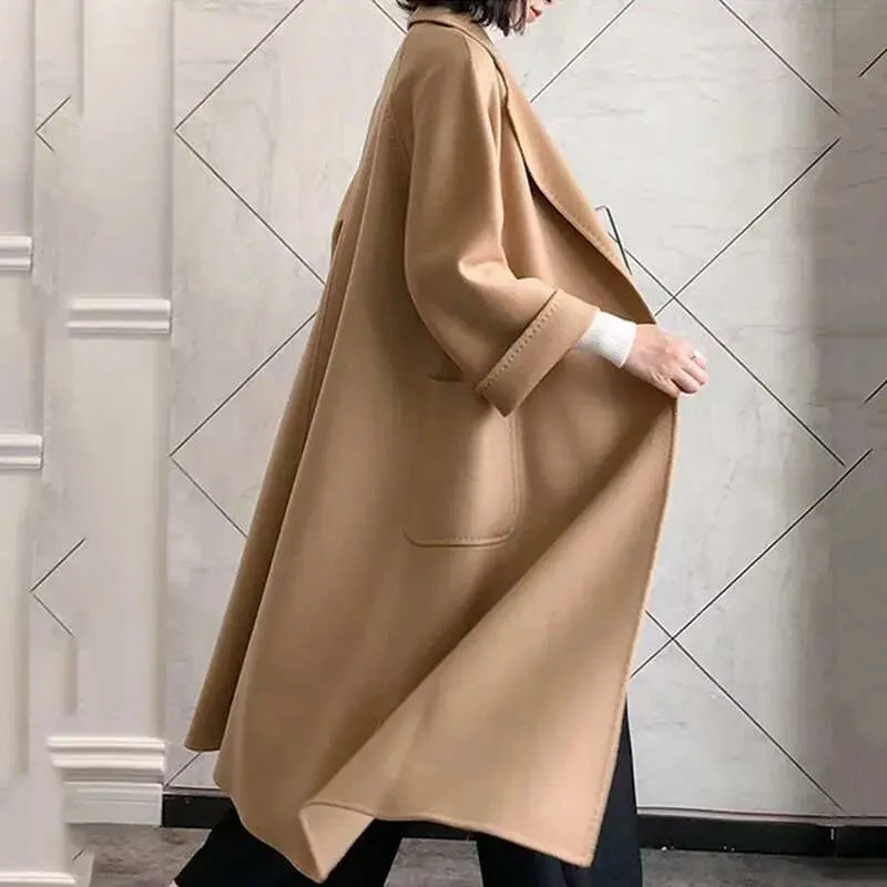 LANMREM 2025 Spring Winter New Water Ripple Coat Double-sided Cashmere Coats Female High-end Long Soft Bandage Clothes 2C2406