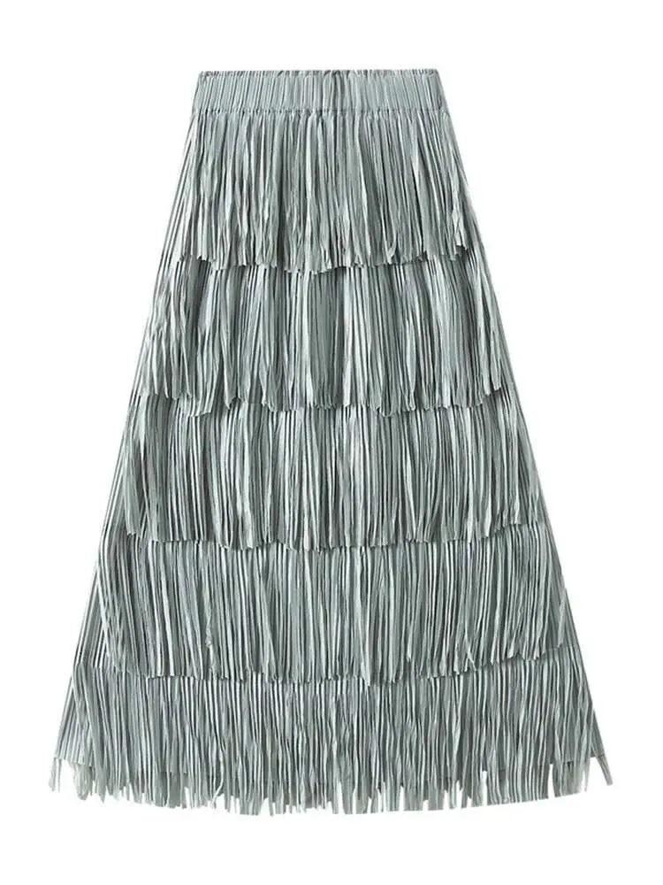 LANMREM Pleated Tassel Long Skirts For Women High Waist Solid Color Stitching Elegant Party Clothing 2025 Summer Autumn 2DA1644