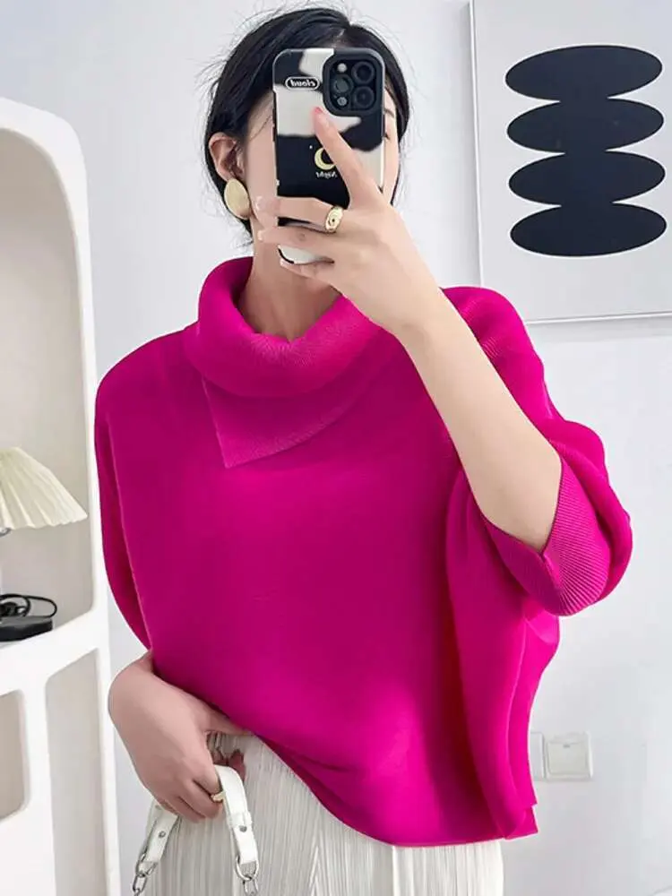 LANMREM Batwing Sleeves Pleated T-shirt For Women Lapel Solid Color Loose Big Size Female Casual Top 2025 Summer New 2DA6800