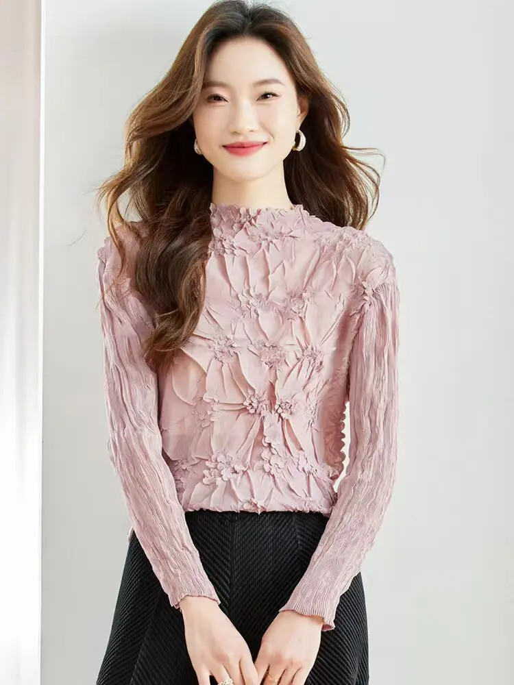 LANMREM Slim Fit High Elastic Long Sleeved Pleated T-shirts Women's 2025 New Base Stand Collar Grey Tee Tops 2DB2782