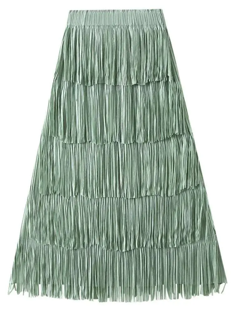 LANMREM Pleated Tassel Long Skirts For Women High Waist Solid Color Stitching Elegant Party Clothing 2025 Summer Autumn 2DA1644