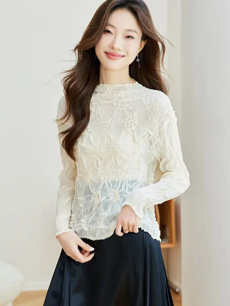 LANMREM Slim Fit High Elastic Long Sleeved Pleated T-shirts Women's 2025 New Base Stand Collar Grey Tee Tops 2DB2782