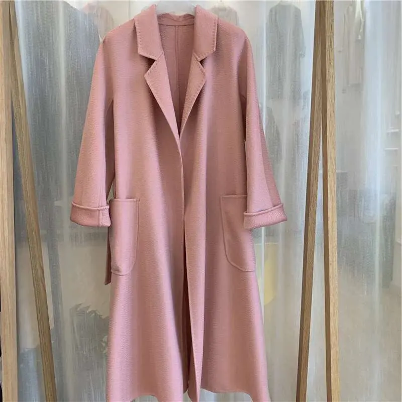 LANMREM 2025 Spring Winter New Water Ripple Coat Double-sided Cashmere Coats Female High-end Long Soft Bandage Clothes 2C2406