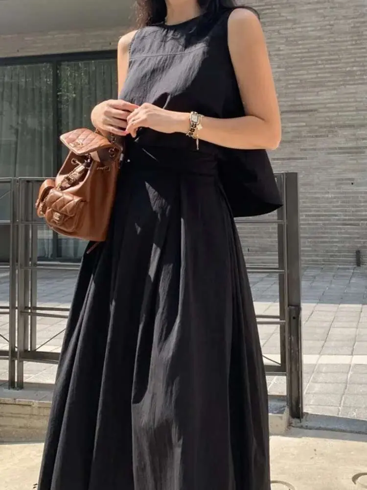 LANMREM Women's Simple Sets Sleeveless Vest Tops High Waist Pleated Skirt Solid Color Two Piece Set Fashion Tide 2025 New 2DE727