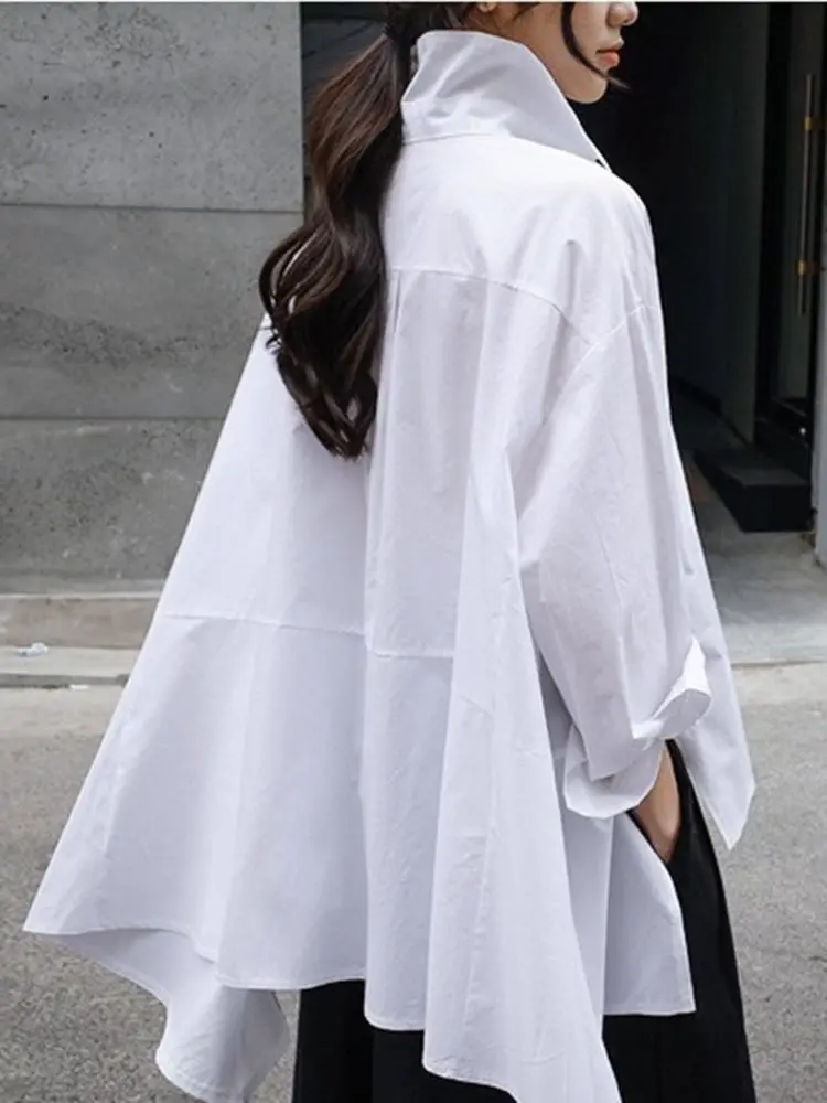 LANMREM White Irregular Cotton Shirt Women Single Breasted Long Sleeve Lapel Loose Tops 2025 Spring Female Fashion 2I582