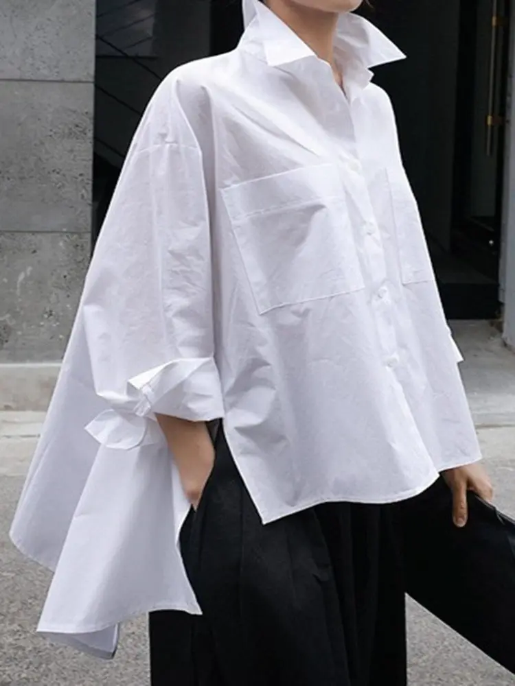 LANMREM White Irregular Cotton Shirt Women Single Breasted Long Sleeve Lapel Loose Tops 2025 Spring Female Fashion 2I582