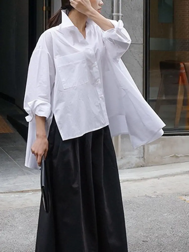LANMREM White Irregular Cotton Shirt Women Single Breasted Long Sleeve Lapel Loose Tops 2025 Spring Female Fashion 2I582