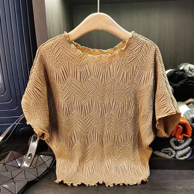 LANMREM Niche Design High-End Embroidered Round Neck T-Shirt For Women Summer New Ruffled Loose Elastic Pleated Top Chic 2DB3738