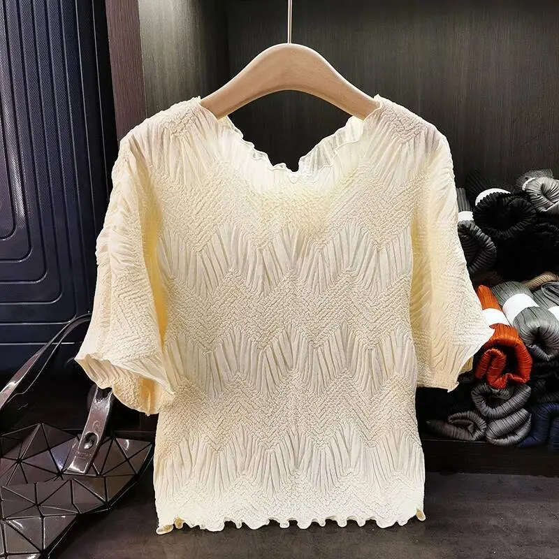 LANMREM Niche Design High-End Embroidered Round Neck T-Shirt For Women Summer New Ruffled Loose Elastic Pleated Top Chic 2DB3738