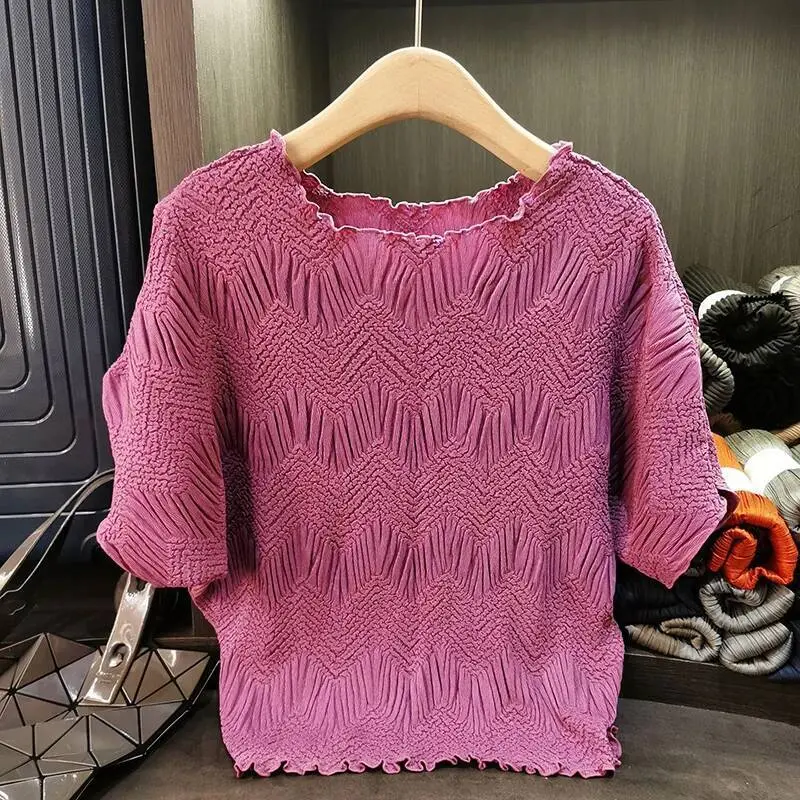 LANMREM Niche Design High-End Embroidered Round Neck T-Shirt For Women Summer New Ruffled Loose Elastic Pleated Top Chic 2DB3738
