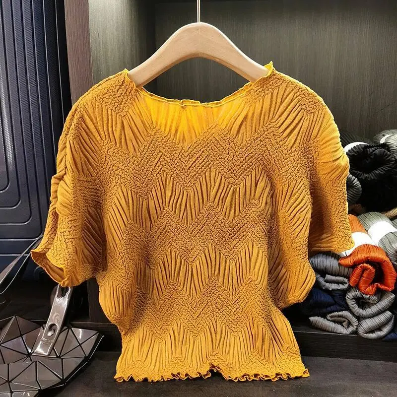 LANMREM Niche Design High-End Embroidered Round Neck T-Shirt For Women Summer New Ruffled Loose Elastic Pleated Top Chic 2DB3738