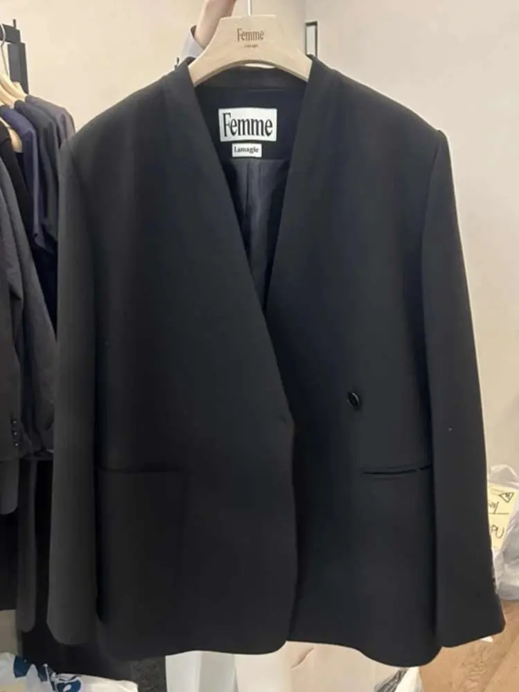 LANMREM High End Blazer Coat Women V Neck Long Sleeves Irregular Single Breasted Office Lady Clothing 2025 Autumn New 2DA5700