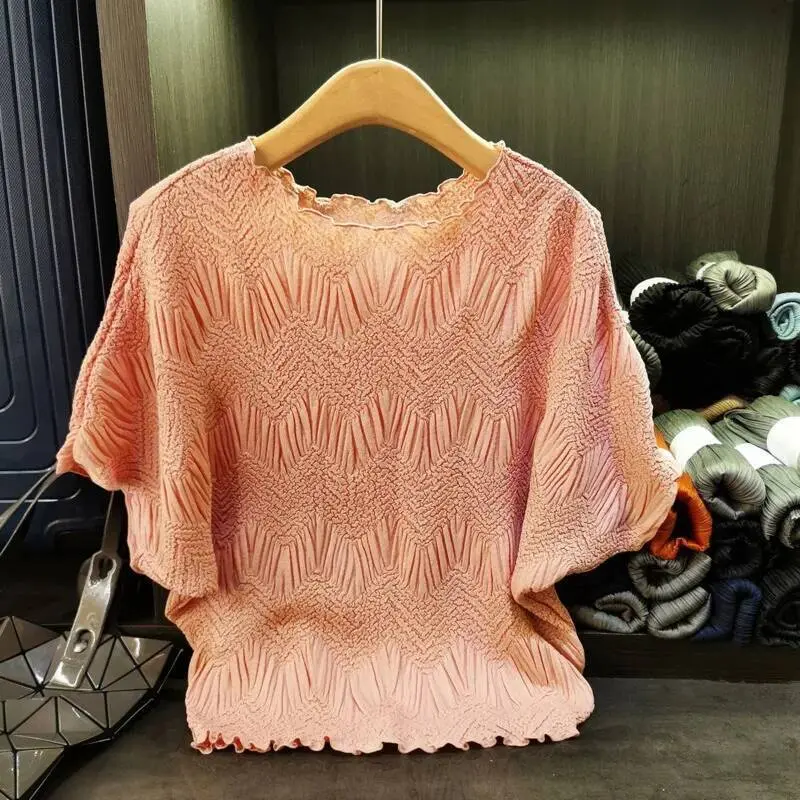 LANMREM Niche Design High-End Embroidered Round Neck T-Shirt For Women Summer New Ruffled Loose Elastic Pleated Top Chic 2DB3738