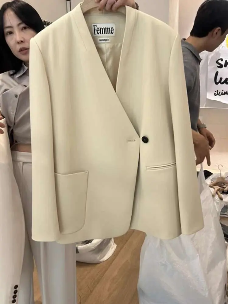 LANMREM High End Blazer Coat Women V Neck Long Sleeves Irregular Single Breasted Office Lady Clothing 2025 Autumn New 2DA5700