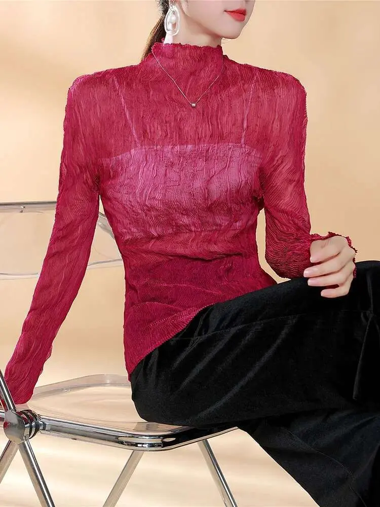 LANMREM Versatile Solid Color Pleated Semi-transparent Tops Women's Turtleneck Long Sleeves Slim T-shirt Versatile 2VV1897