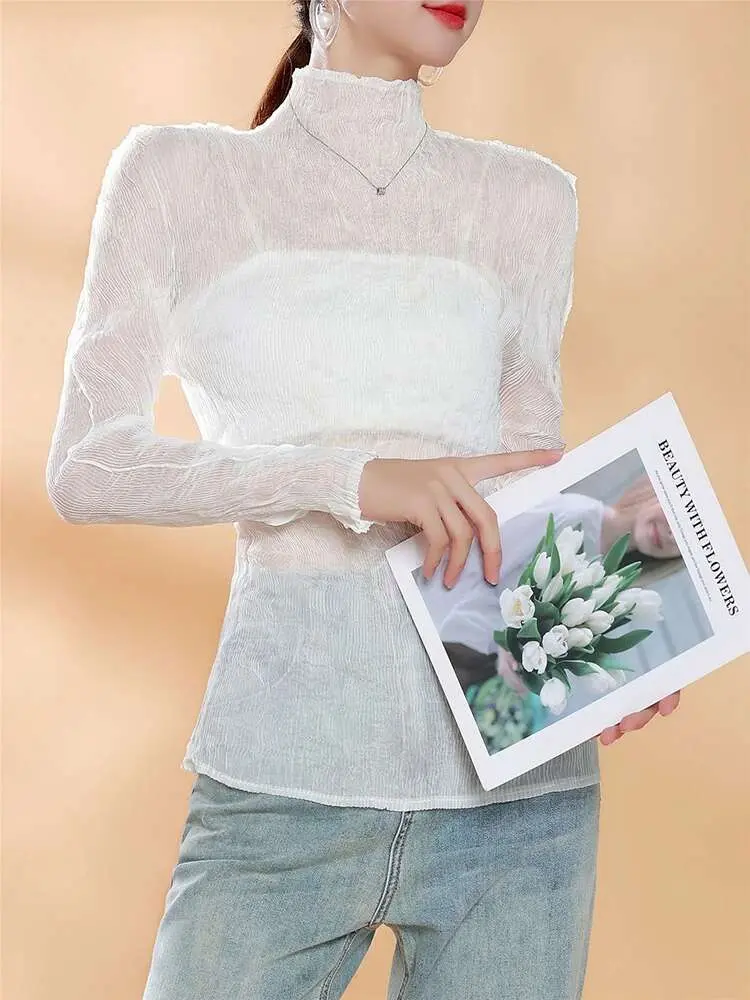 LANMREM Versatile Solid Color Pleated Semi-transparent Tops Women's Turtleneck Long Sleeves Slim T-shirt Versatile 2VV1897