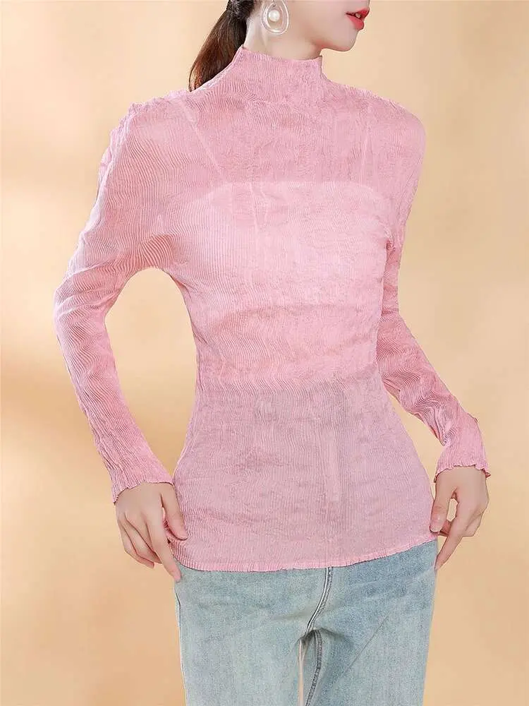 LANMREM Versatile Solid Color Pleated Semi-transparent Tops Women's Turtleneck Long Sleeves Slim T-shirt Versatile 2VV1897