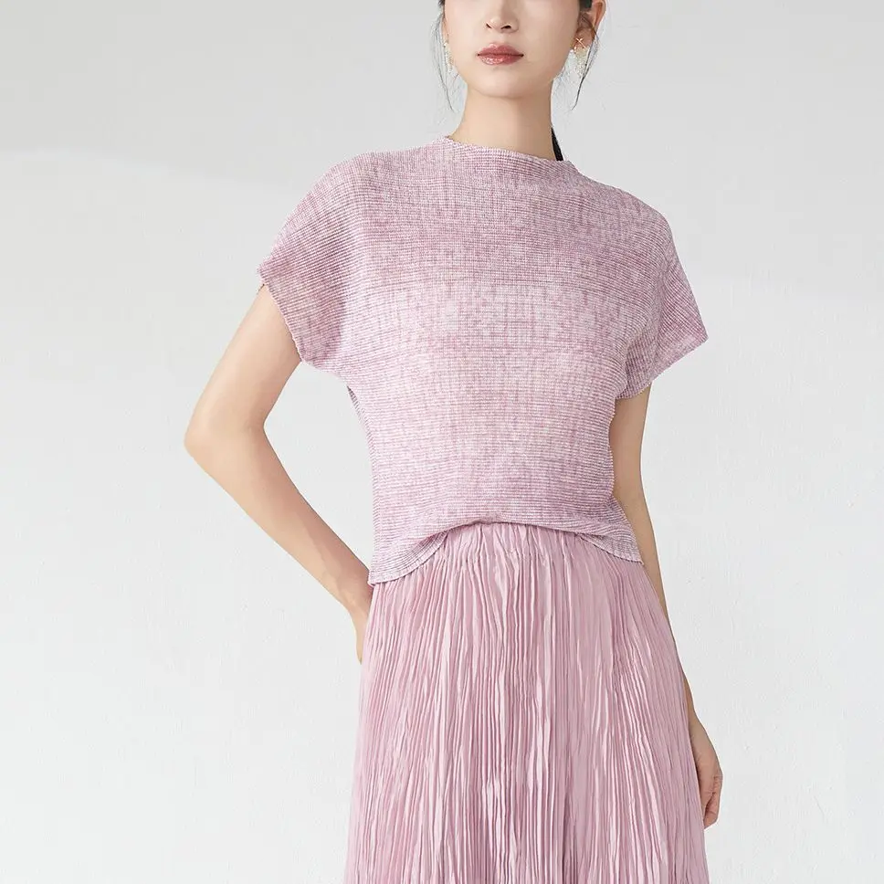 LANMREM Chic Printting Top Women's Elastic Slim Pleated Design Short Sleeve T-shirts 2025 New Stand Collar Pullover Tee 2DB3274