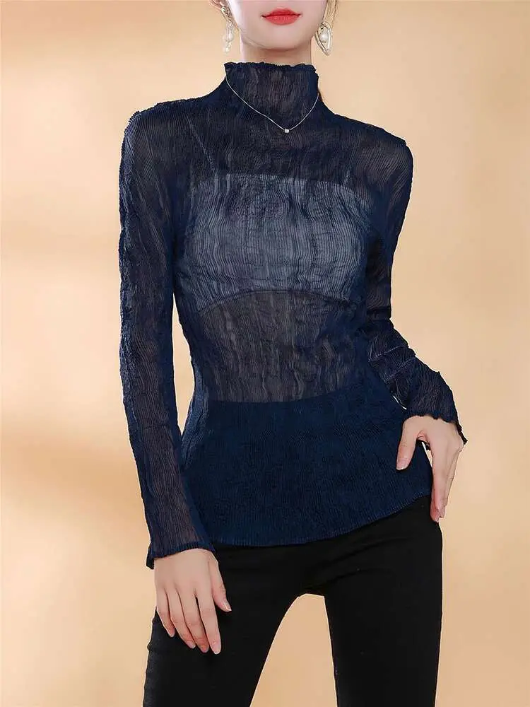 LANMREM Versatile Solid Color Pleated Semi-transparent Tops Women's Turtleneck Long Sleeves Slim T-shirt Versatile 2VV1897