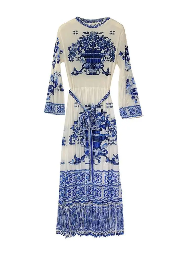 LANMREM Fashion Printing Long Dress With Flare Sleeves Tassel Pleated Vintage Dresses Female Party Clothing 2025 New 2DB2424