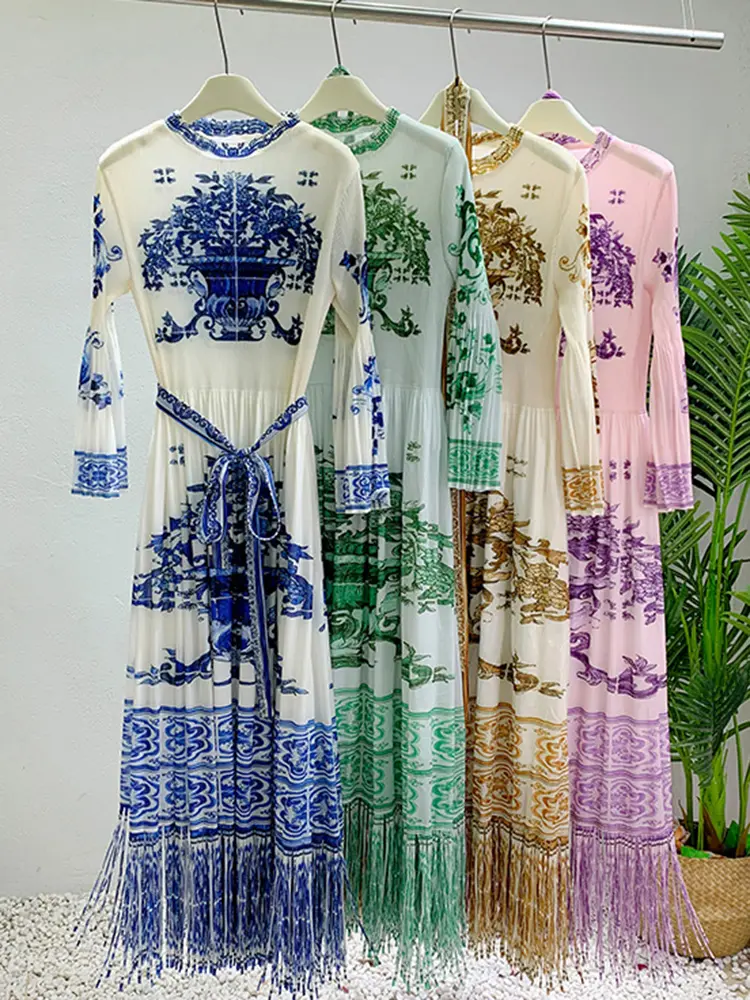 LANMREM Fashion Printing Long Dress With Flare Sleeves Tassel Pleated Vintage Dresses Female Party Clothing 2025 New 2DB2424