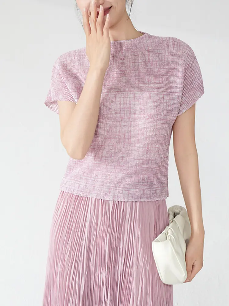 LANMREM Chic Printting Top Women's Elastic Slim Pleated Design Short Sleeve T-shirts 2025 New Stand Collar Pullover Tee 2DB3274