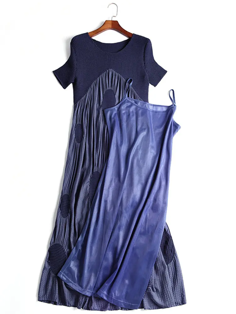 LANMREM Women Pleated 2 Pieces Set Round Neck Short Sleeves Patchwork Dress + Decoration Strap Dresses Lady New Fashion 2DC1478